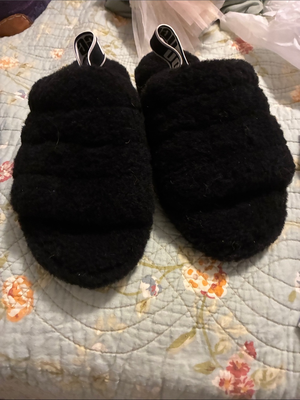 UGG Black Fluff Yeah Slide Slippers with Logo Heel Strap - Picture 4 of 6